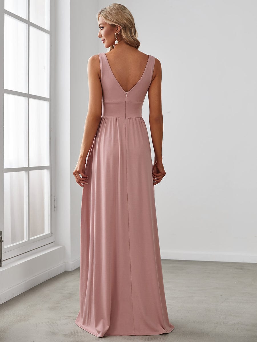 Sleeveless V-Neck Empire Waist High Slit Floor-Length Evening Dress #color_Dusty Rose 
