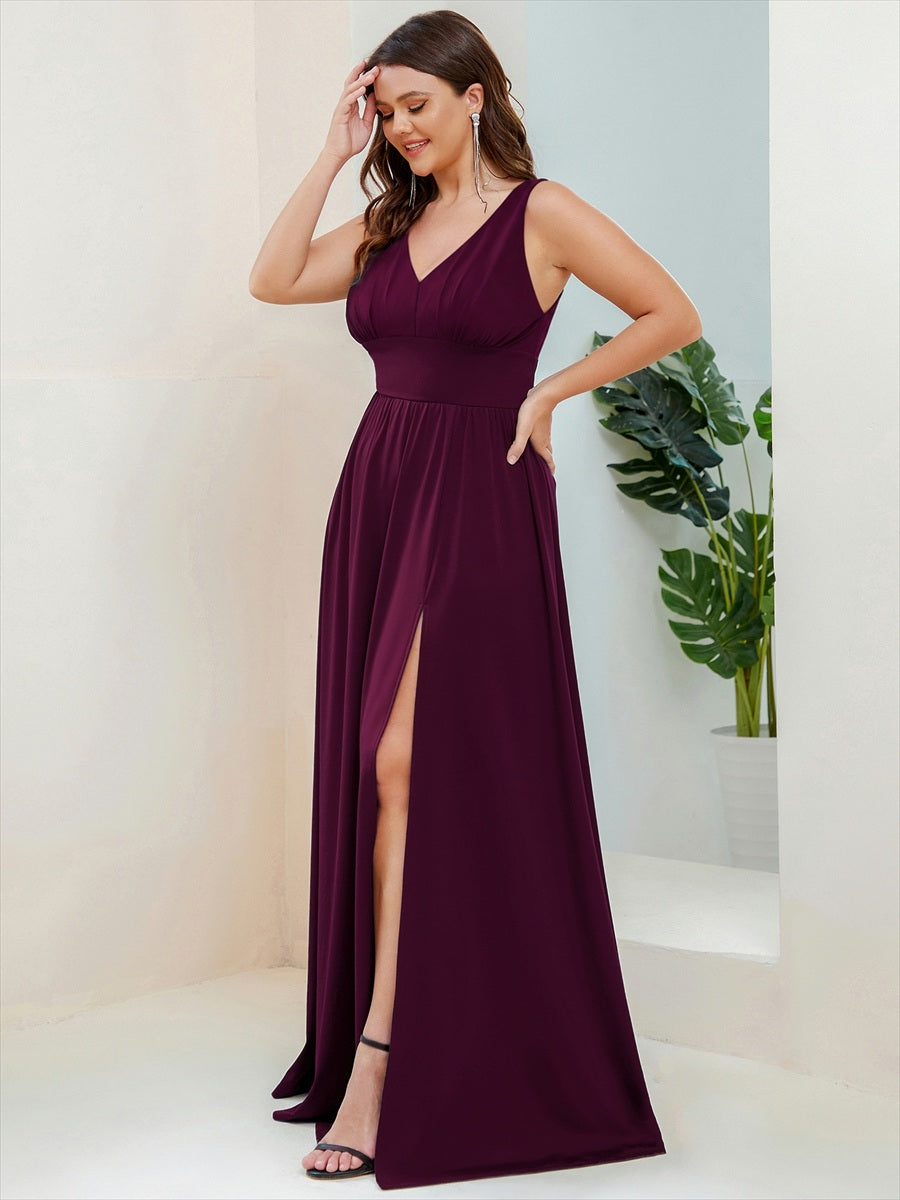 Plus Size Sleeveless V-Neck Empire Waist High Slit Floor-Length Evening Dress #color_Mulberry