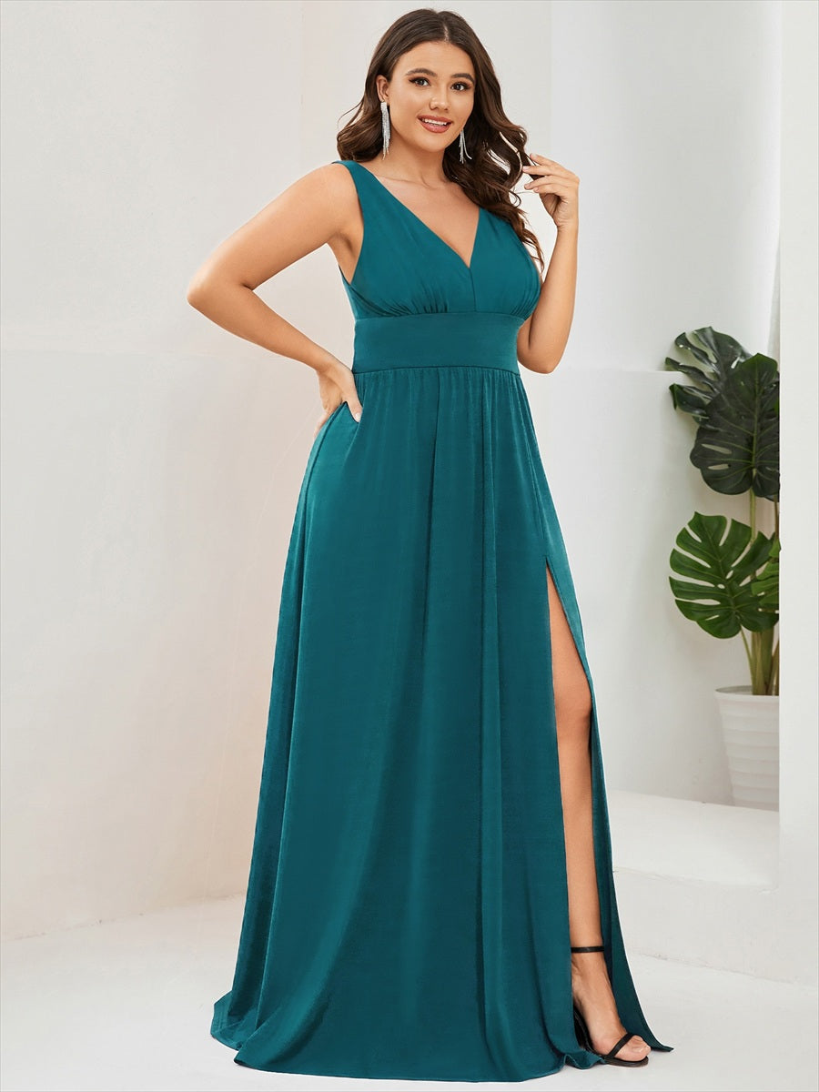 Plus Size Sleeveless V-Neck Empire Waist High Slit Floor-Length Evening Dress #color_Teal