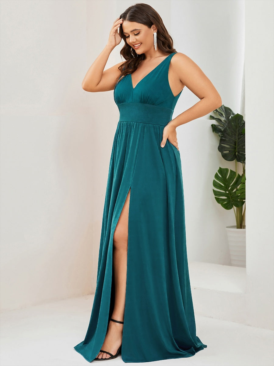 Plus Size Sleeveless V-Neck Empire Waist High Slit Floor-Length Evening Dress #color_Teal
