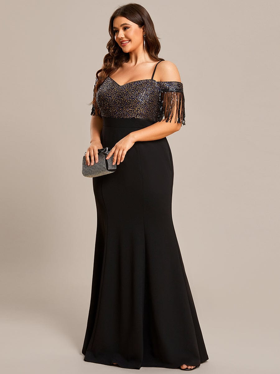 Plus Size Fringed Short Sleeve Evening Dress with Spaghetti Straps #Color_Black Plus Size Fringed Short Sleeve Evening Dress with Spaghetti Straps