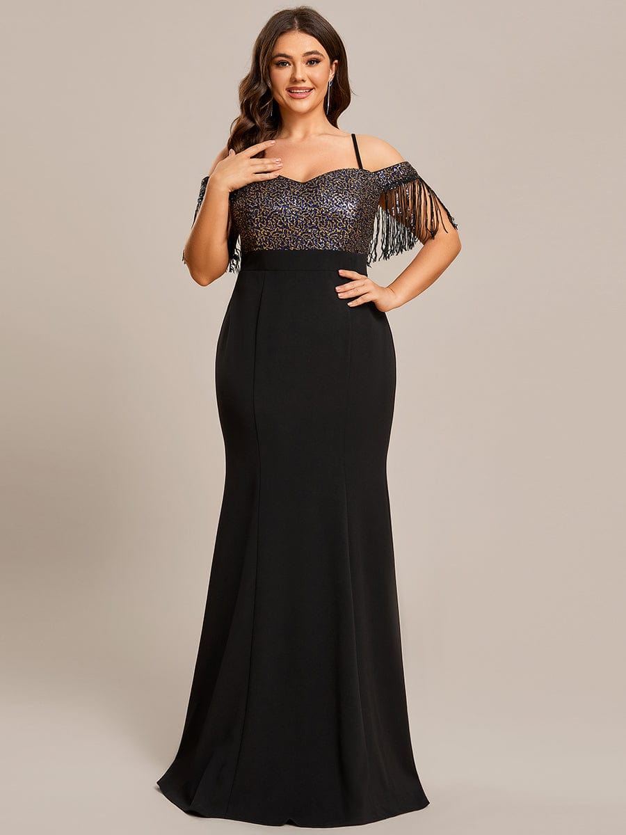 Plus Size Fringed Short Sleeve Evening Dress with Spaghetti Straps #Color_Black Plus Size Fringed Short Sleeve Evening Dress with Spaghetti Straps