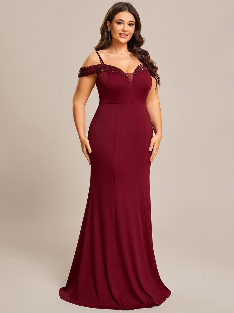 Stylish Plus Size Bodycon Deep V-Neck Sequin Evening Dress #color_Burgundy Stylish Plus Size Bodycon Deep V-Neck Sequin Evening Dress