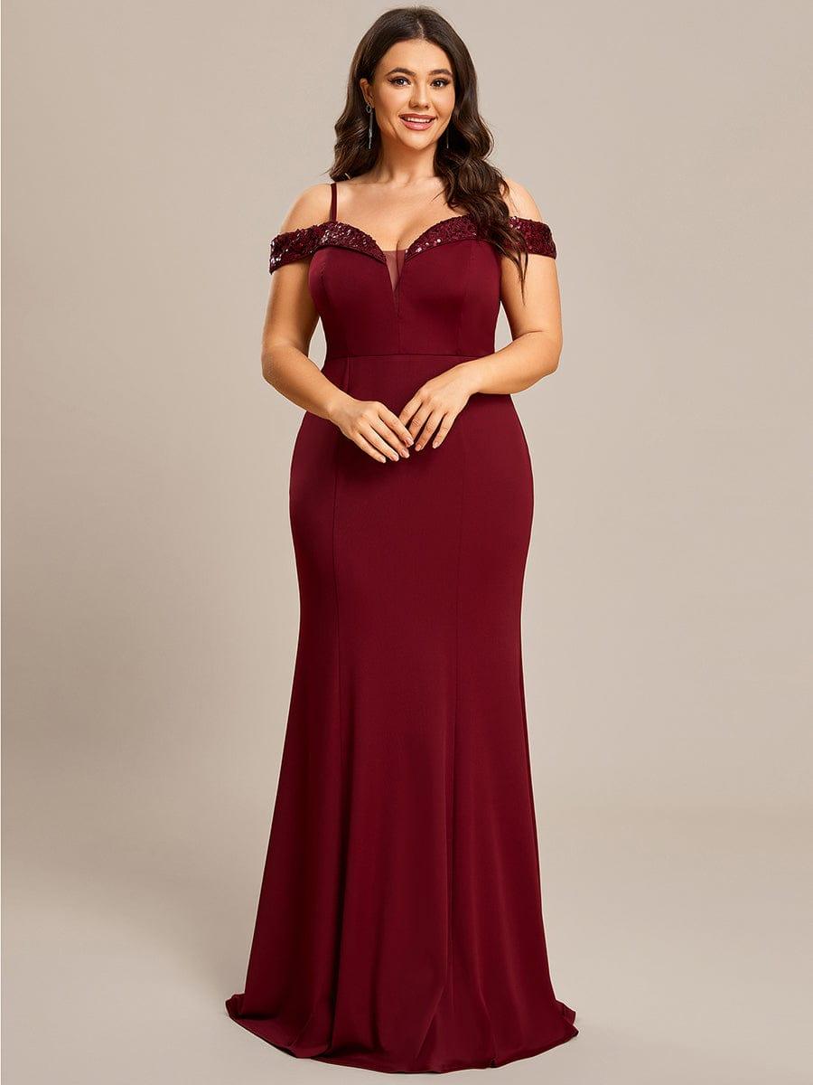 Stylish Plus Size Bodycon Deep V-Neck Sequin Evening Dress #color_Burgundy Stylish Plus Size Bodycon Deep V-Neck Sequin Evening Dress