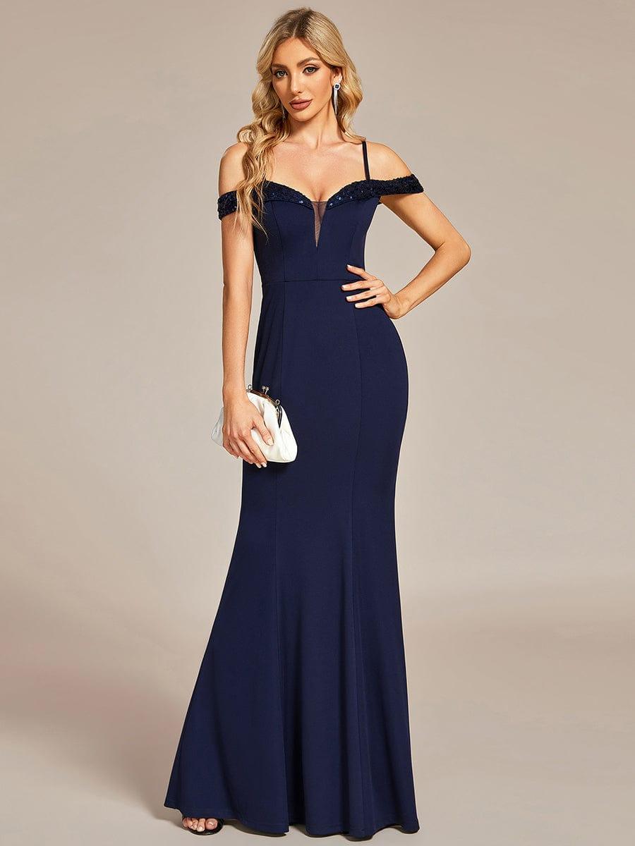 Elegant Sequin Bodycon Evening Dress with Spaghetti Straps #color_Navy Blue
