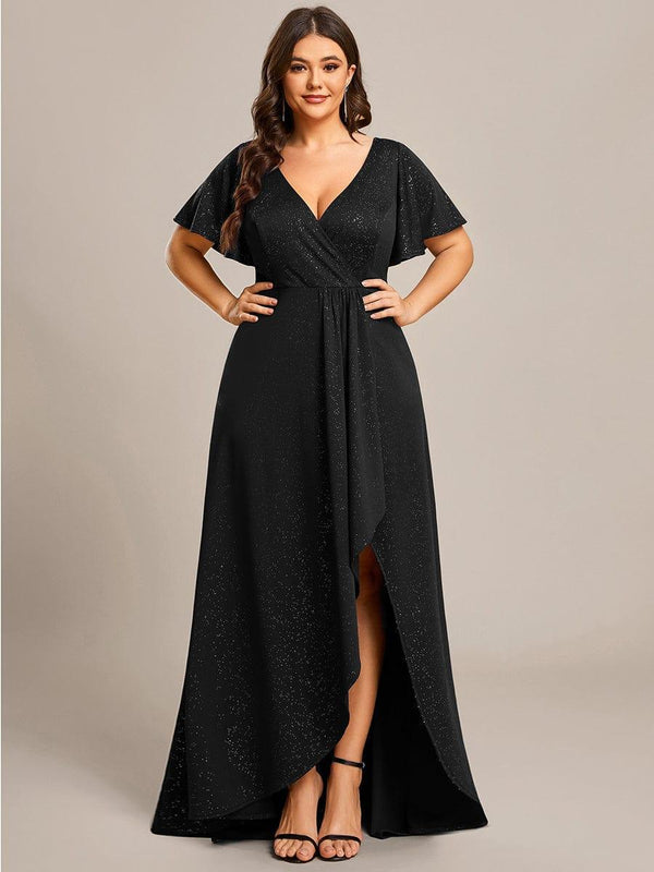 pretty MELODÉ|Plus Size Glitter Ruffled High-Low Front Slit Evening Dress
