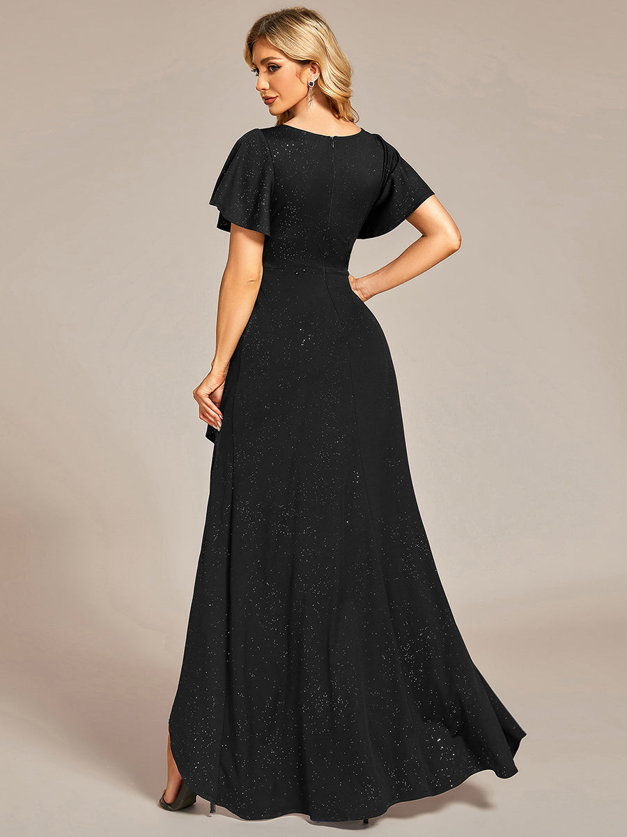 Glitter High-Low Front Side Slit Ruffled V-Neck Evening Dress #color_Black