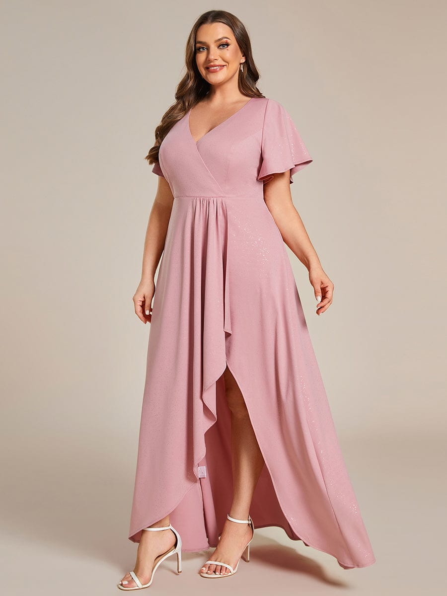 Plus Size Glitter Ruffled High-Low Front Slit Evening Dress