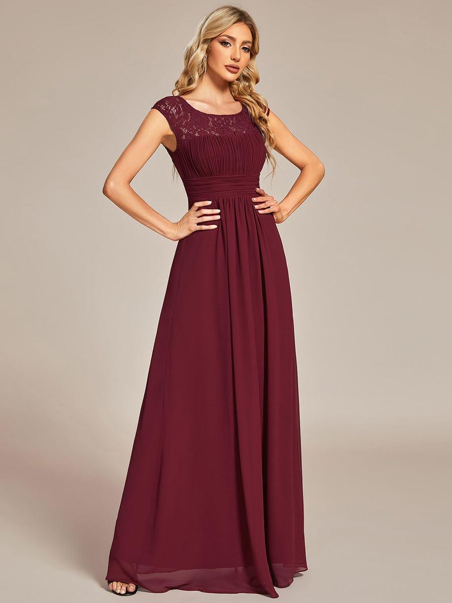 Elegant Chiffon Maxi Evening Dress with Lace Cap Sleeve #Color_Burgundy