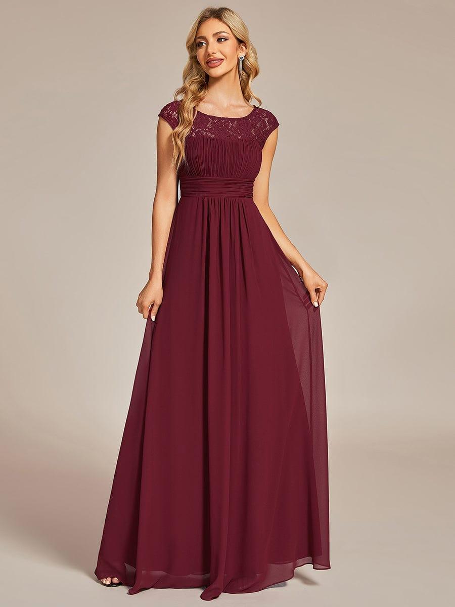 Elegant Chiffon Maxi Evening Dress with Lace Cap Sleeve #Color_Burgundy