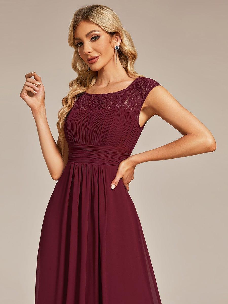Elegant Chiffon Maxi Evening Dress with Lace Cap Sleeve #Color_Burgundy