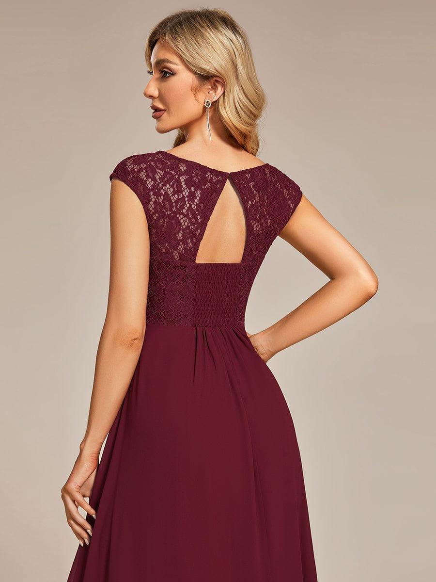 Elegant Chiffon Maxi Evening Dress with Lace Cap Sleeve #Color_Burgundy