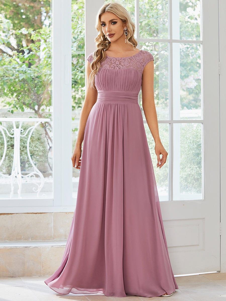 Elegant Chiffon Maxi Evening Dress with Lace Cap Sleeve #Color_Purple Orchid