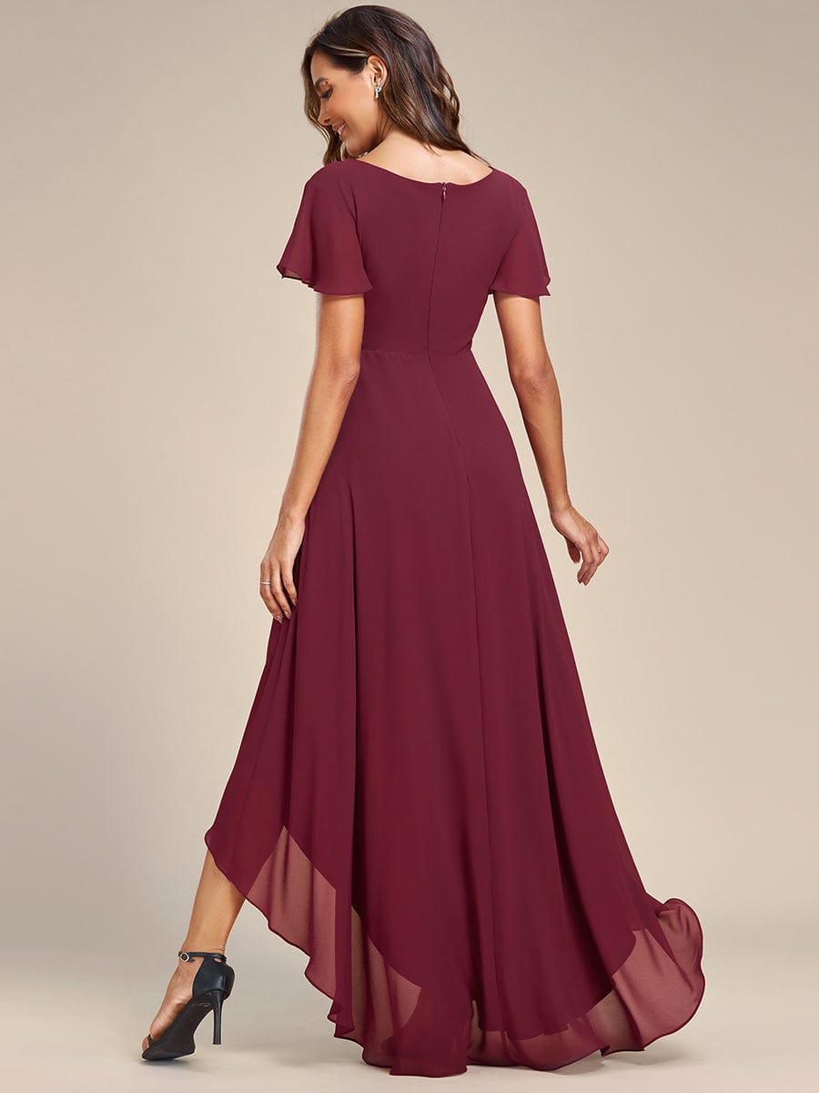 Flowy High-low Chiffon Ruffle Sleeves Bridesmaid Dress #Color_Burgundy
