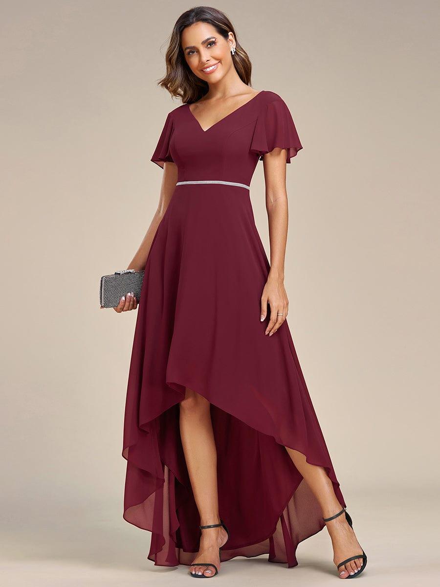 Flowy High-low Chiffon Ruffle Sleeves Bridesmaid Dress #Color_Burgundy Flowy High-low Chiffon Ruffle Sleeves Bridesmaid Dress