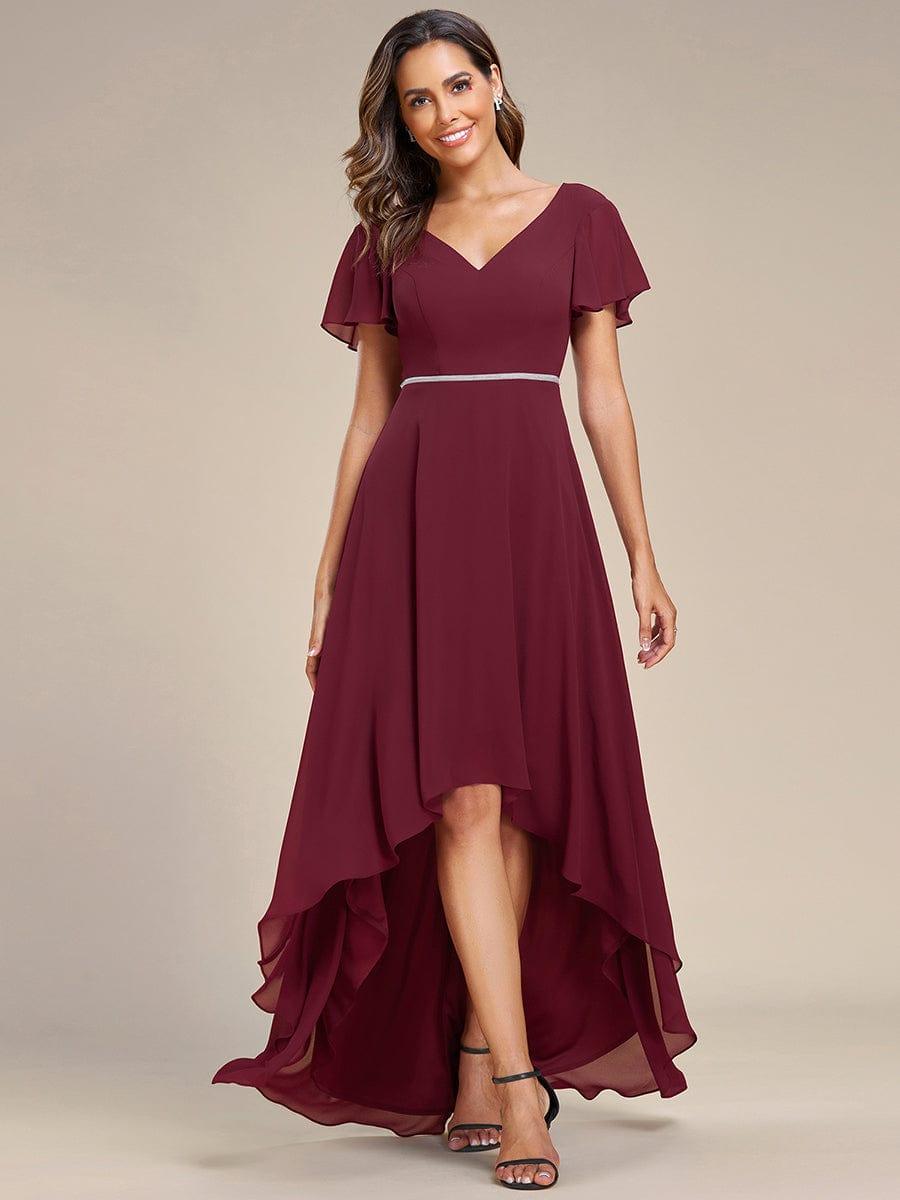 Flowy High-low Chiffon Ruffle Sleeves Bridesmaid Dress #Color_Burgundy Flowy High-low Chiffon Ruffle Sleeves Bridesmaid Dress