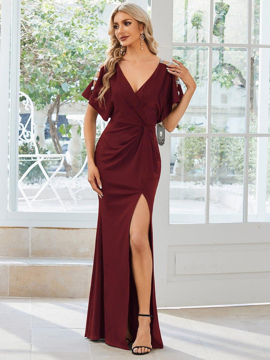 Pleated High Split Hollow Out Sequin Sleeve V-Neck Evening Dress #color_Burgundy