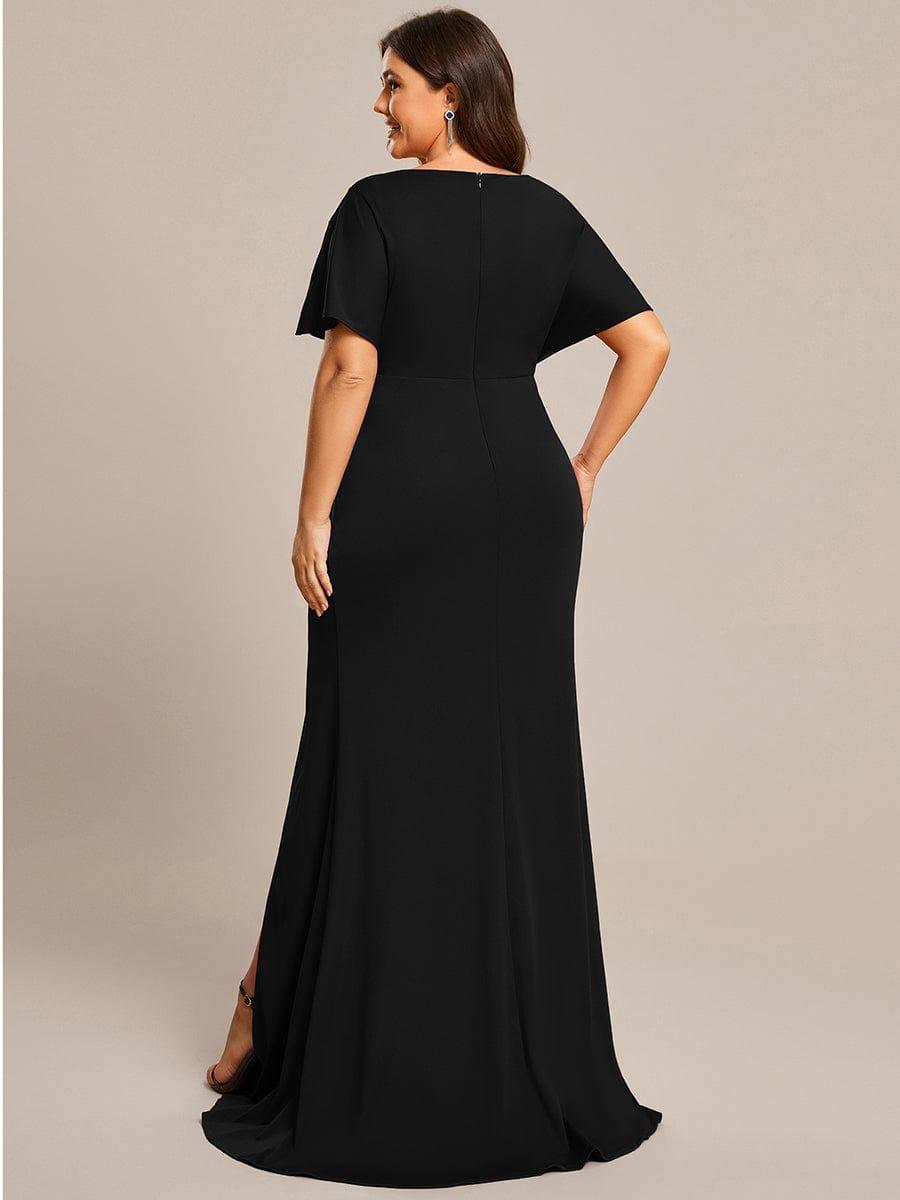 Pleated High Split Hollow Out Sequin Sleeve V-Neck Evening Dress #color_Black