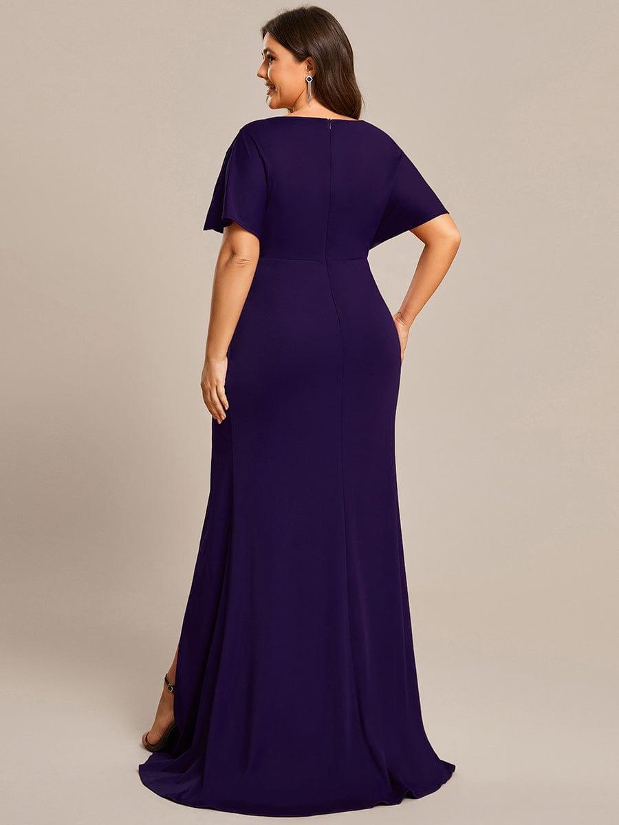 Pleated High Split Hollow Out Sequin Sleeve V-Neck Evening Dress #color_Dark Purple