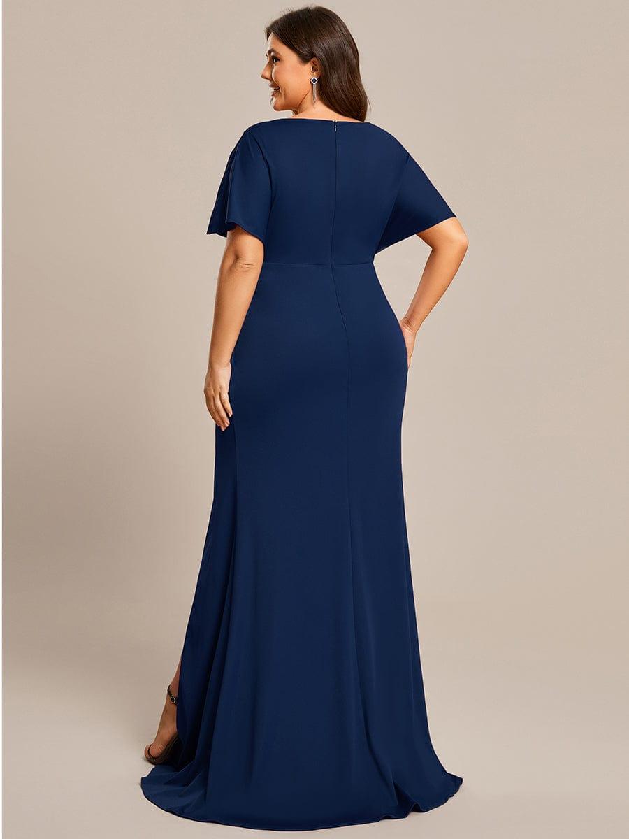 Pleated High Split Hollow Out Sequin Sleeve V-Neck Evening Dress #color_Navy Blue