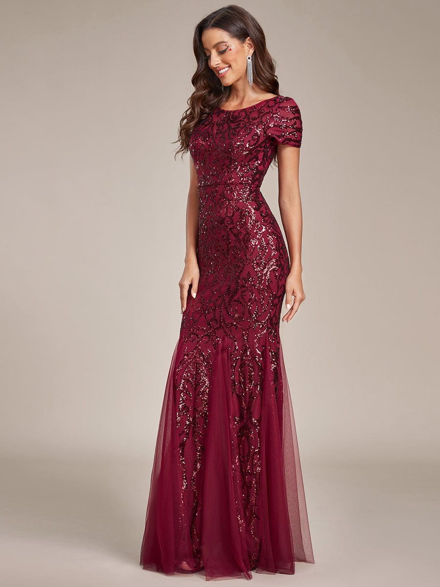 Luxurious Sequin Bodycon Round Neckline Mermaid Evening Dress #color_Burgundy Luxurious Sequin Bodycon Round Neckline Mermaid Evening Dress
