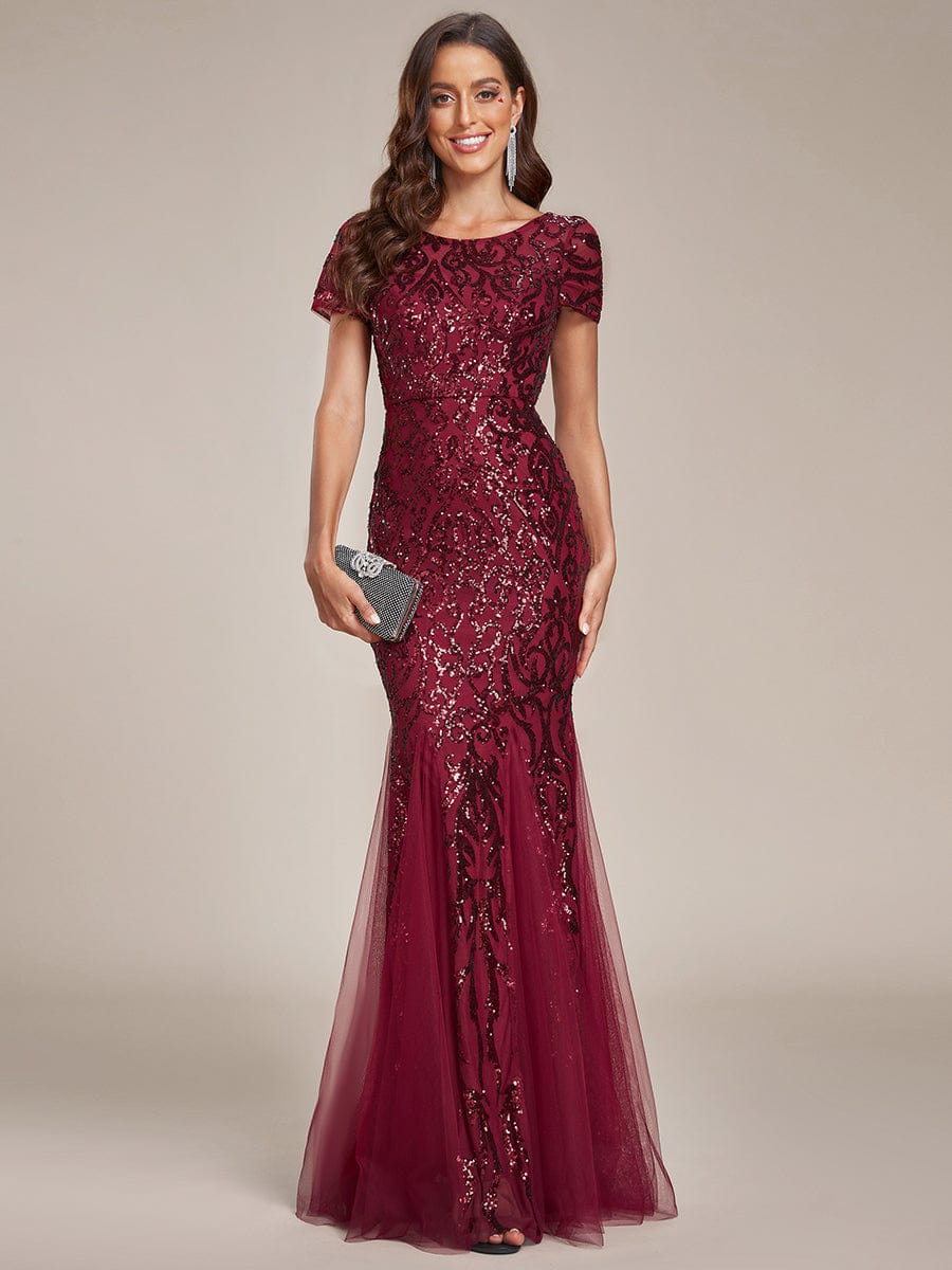 Luxurious Sequin Bodycon Round Neckline Mermaid Evening Dress #color_Burgundy Luxurious Sequin Bodycon Round Neckline Mermaid Evening Dress