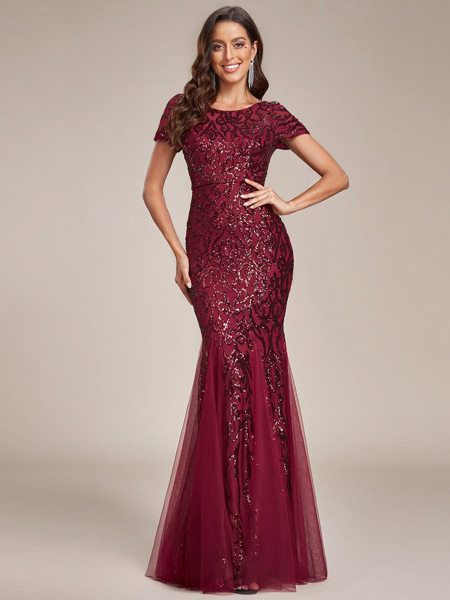 Luxurious Sequin Bodycon Round Neckline Mermaid Evening Dress #color_Burgundy Luxurious Sequin Bodycon Round Neckline Mermaid Evening Dress