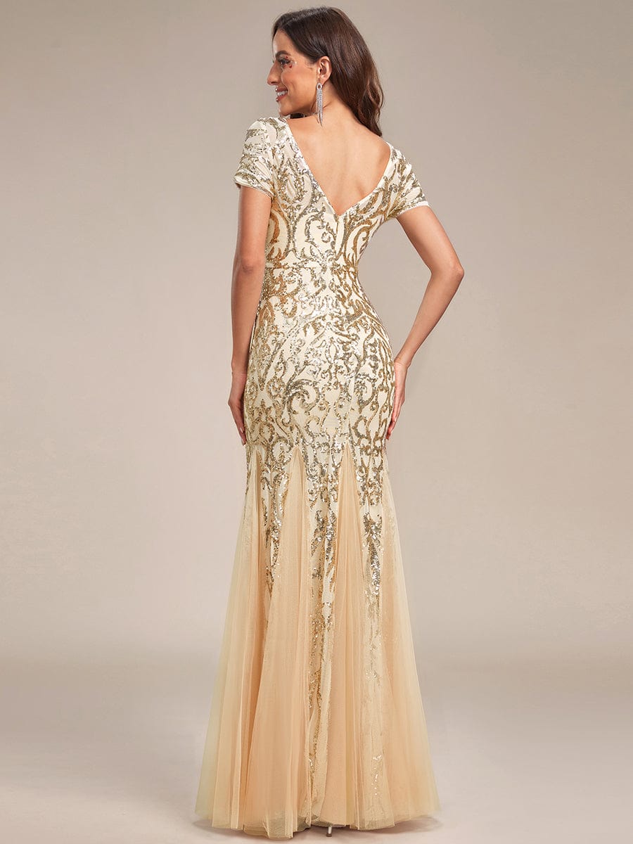 Luxurious Sequin Bodycon Round Neckline Mermaid Evening Dress #color_Burgundy Luxurious Sequin Bodycon Round Neckline Mermaid Evening Dress