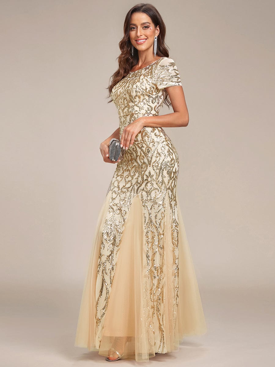 Luxurious Sequin Bodycon Round Neckline Mermaid Evening Dress #color_Burgundy Luxurious Sequin Bodycon Round Neckline Mermaid Evening Dress