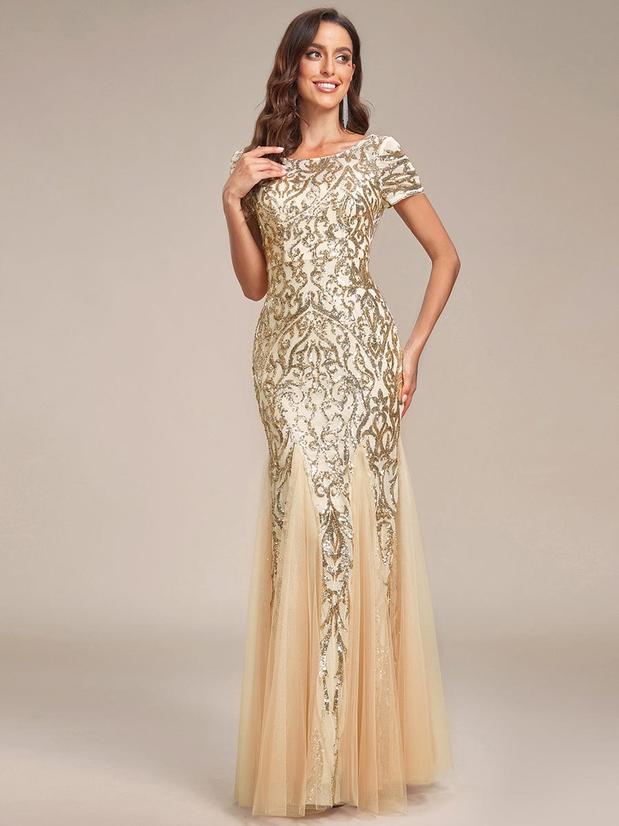 Luxurious Sequin Bodycon Round Neckline Mermaid Evening Dress #color_Burgundy Luxurious Sequin Bodycon Round Neckline Mermaid Evening Dress