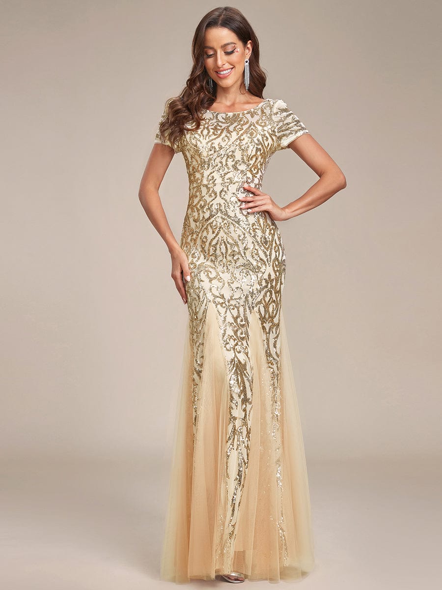 Luxurious Sequin Bodycon Round Neckline Mermaid Evening Dress #color_Burgundy Luxurious Sequin Bodycon Round Neckline Mermaid Evening Dress