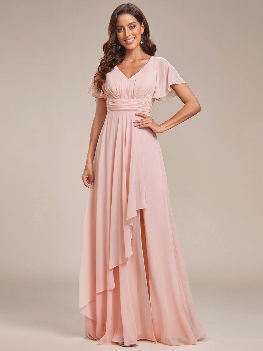 Ruffles Sleeve High Split with Louts Leaf Chiffon Evening Dress #color_Pink