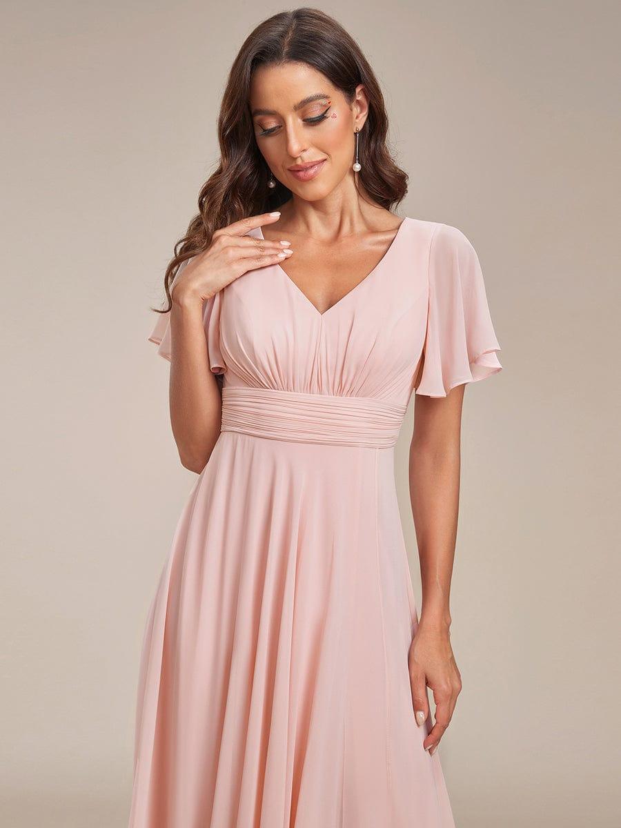 Ruffles Sleeve High Split with Louts Leaf Chiffon Evening Dress #color_Pink