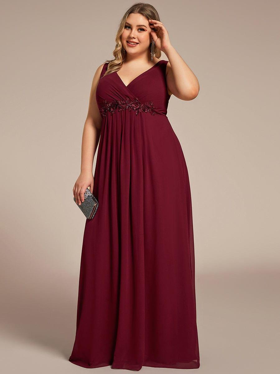 Plus Size Floral Applique Sleeveless Chiffon Formal Evening Dress #color_Burgundy