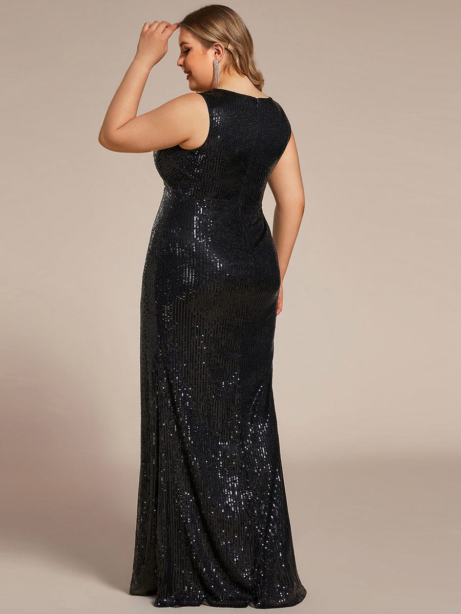Plus Size High Split Dazzling Sequin Deep V-Neck Evening Dress #color_Black Plus Size High Slit Dazzling Sequin Deep V-Neck Evening Dress