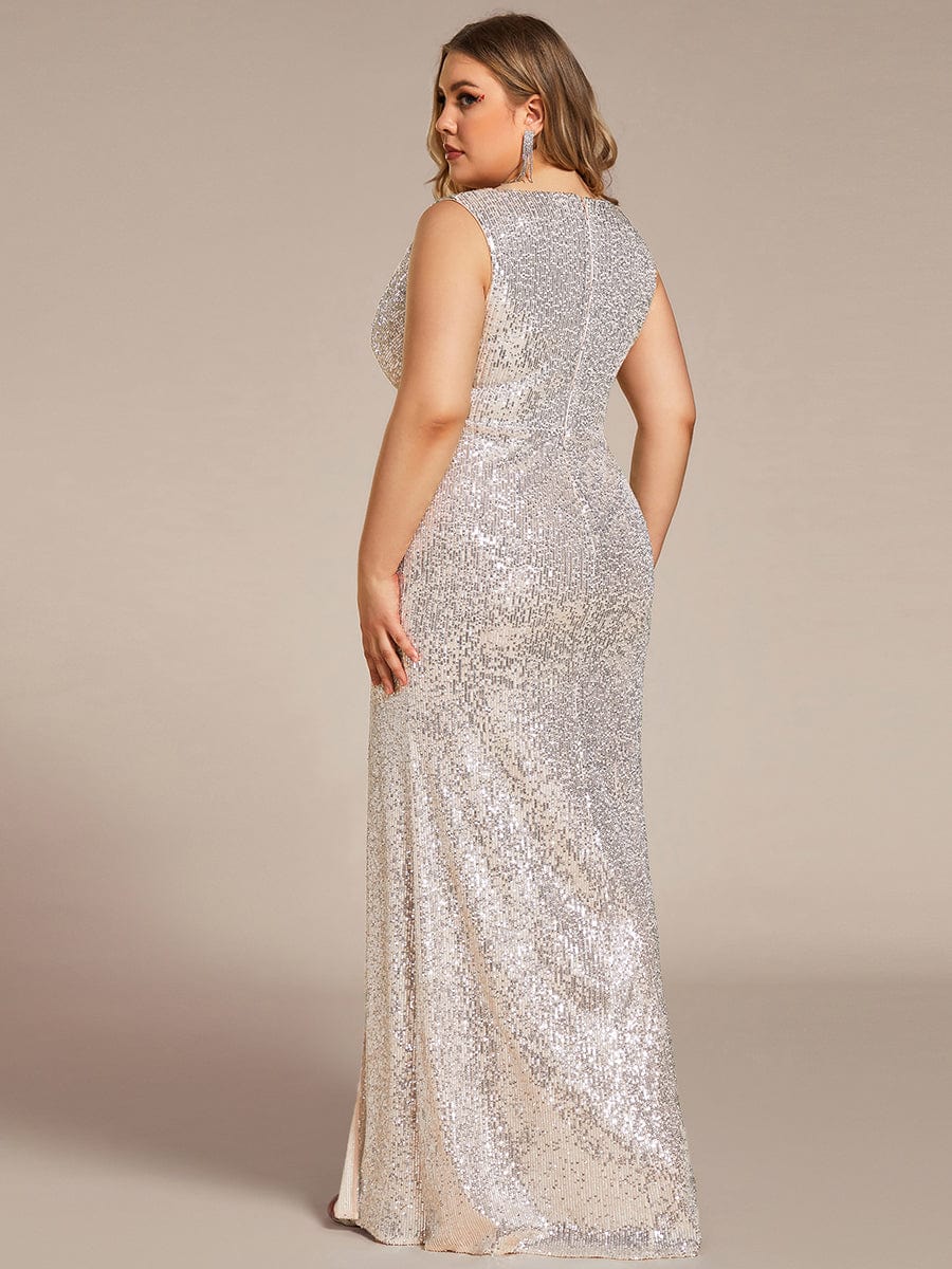 Plus Size High Split Dazzling Sequin Deep V-Neck Evening Dress #color_Black Plus Size High Slit Dazzling Sequin Deep V-Neck Evening Dress