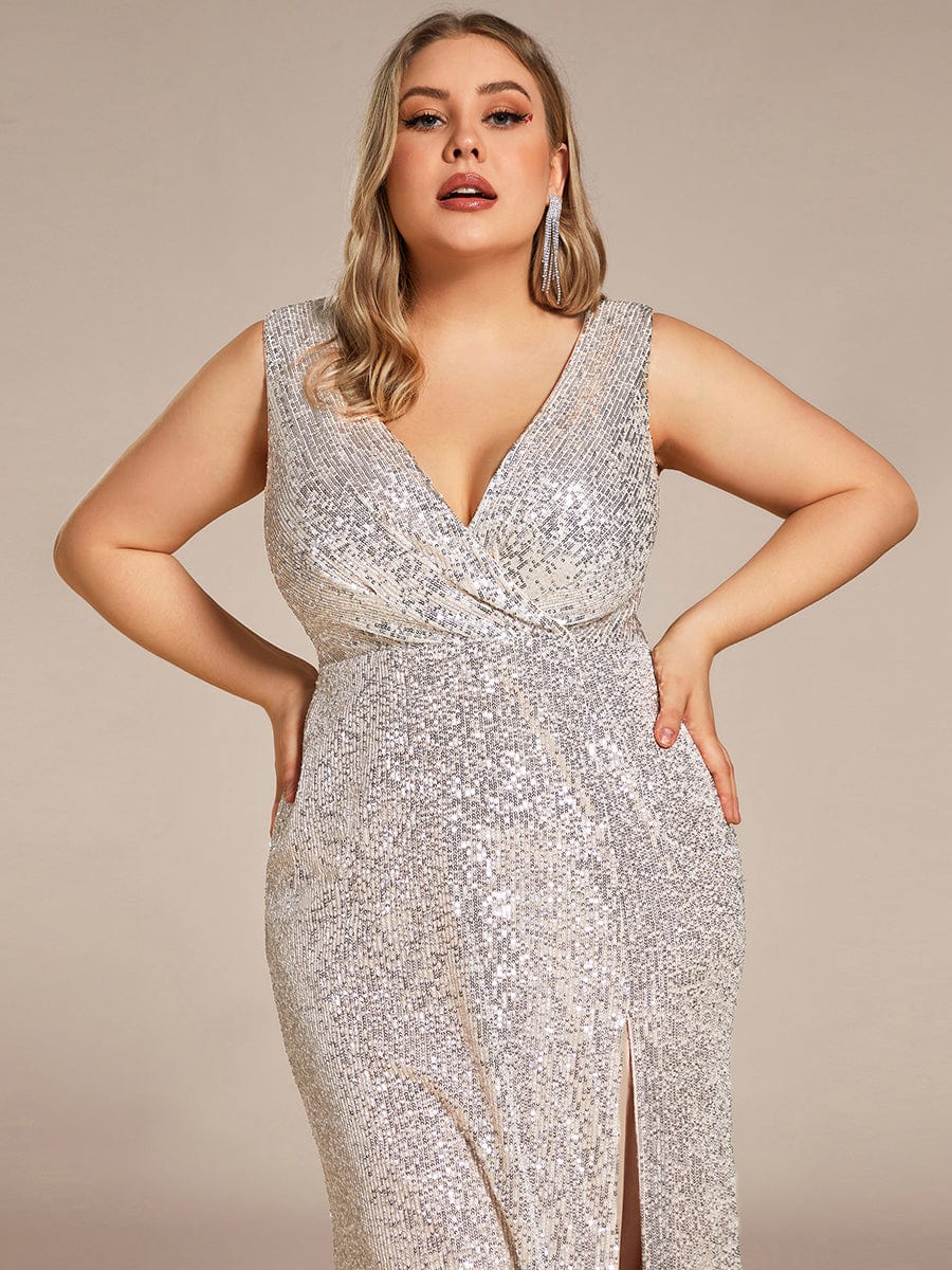 Plus Size High Split Dazzling Sequin Deep V-Neck Evening Dress #color_Black Plus Size High Slit Dazzling Sequin Deep V-Neck Evening Dress