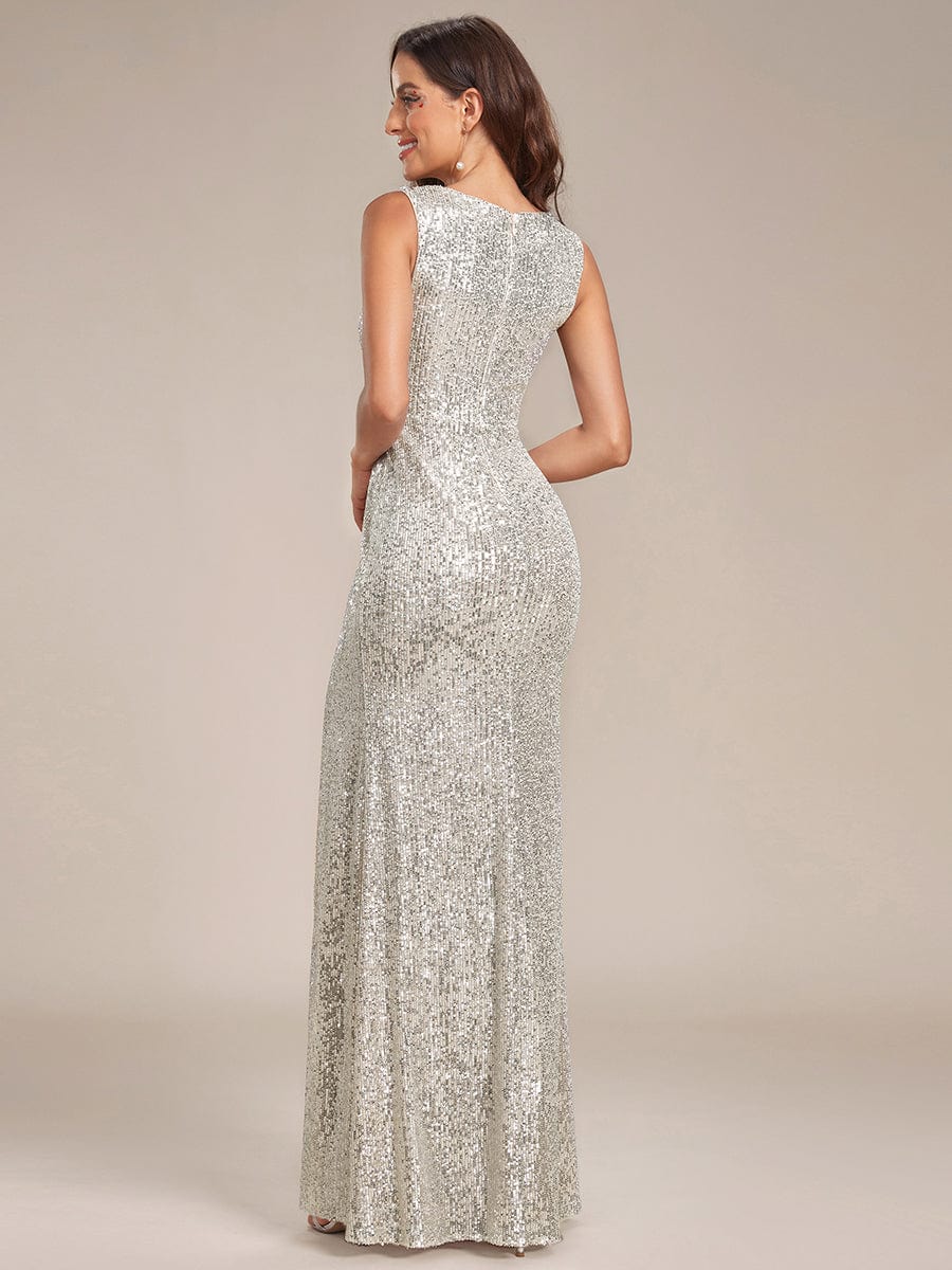 Shiny Sleeveless Sequin Deep V-Neck High Split Evening Dress #color_Charcoal Shiny Sleeveless Sequin Deep V-Neck High Slit Evening Dress