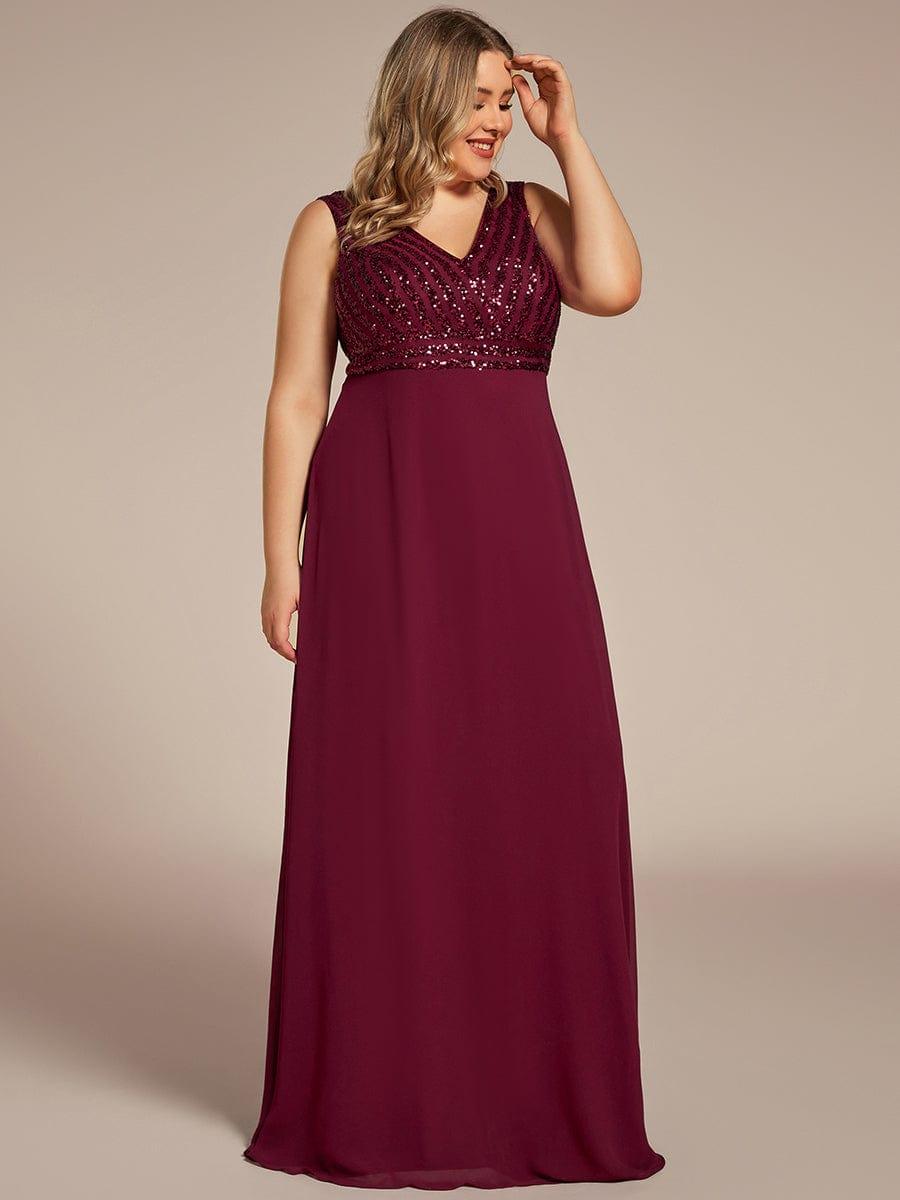 Plus Size Sequin Sleeveless Double V-Neck Formal Evening Dress #color_Burgundy Plus Size Sequin Sleeveless Double V-Neck Formal Evening Dress