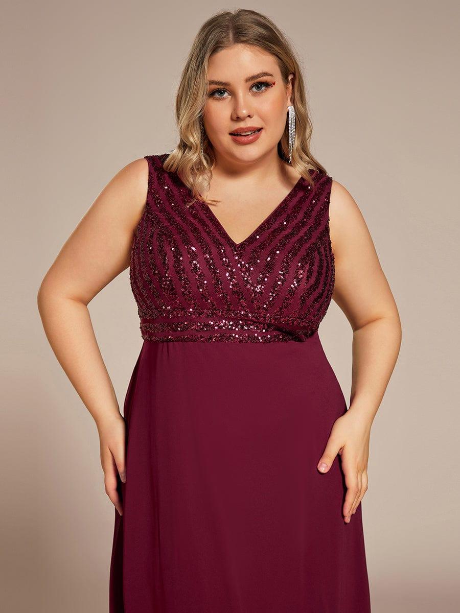 Plus Size Sequin Sleeveless Double V-Neck Formal Evening Dress #color_Burgundy Plus Size Sequin Sleeveless Double V-Neck Formal Evening Dress