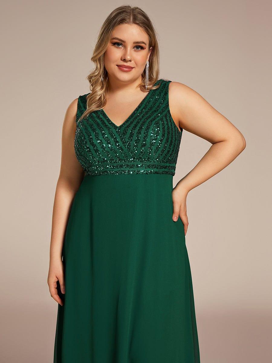 Plus Size Sequin Sleeveless Double V-Neck Formal Evening Dress #color_Burgundy Plus Size Sequin Sleeveless Double V-Neck Formal Evening Dress
