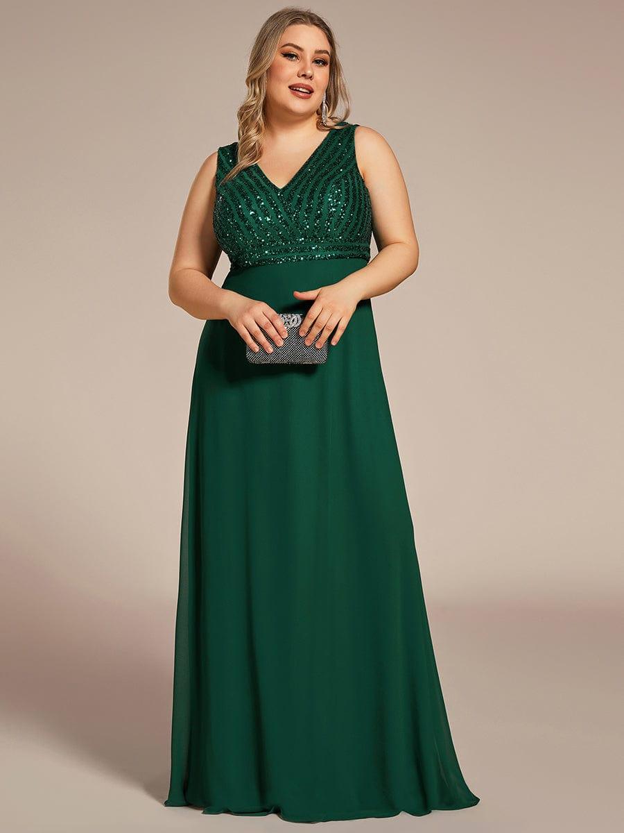 Plus Size Sequin Sleeveless Double V-Neck Formal Evening Dress #color_Burgundy Plus Size Sequin Sleeveless Double V-Neck Formal Evening Dress