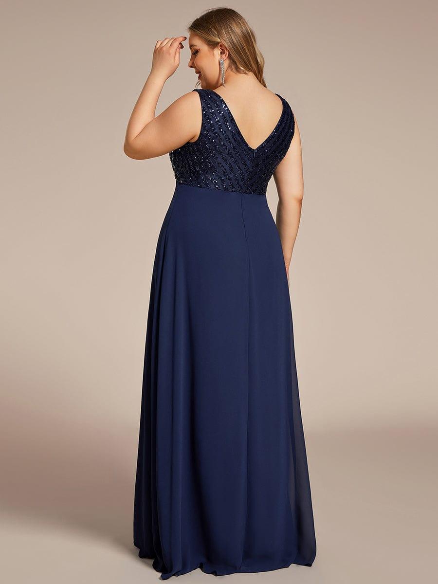 Plus Size Sequin Sleeveless Double V-Neck Formal Evening Dress #color_Burgundy Plus Size Sequin Sleeveless Double V-Neck Formal Evening Dress