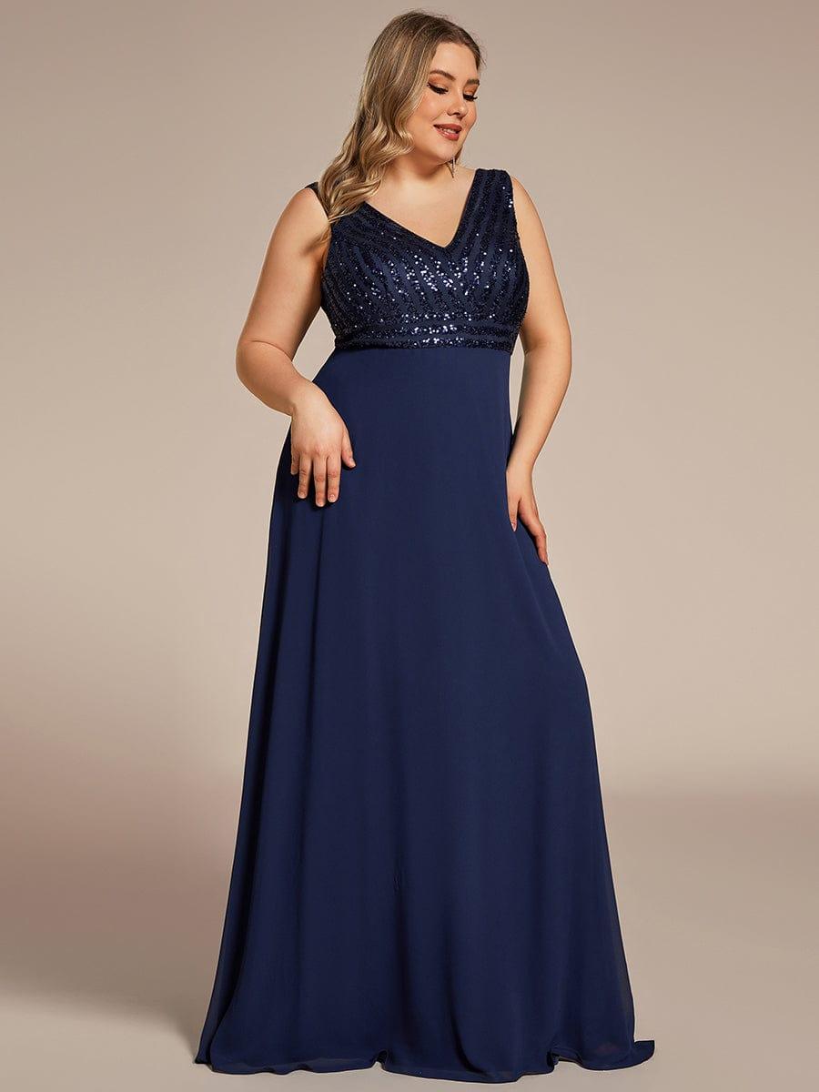 Plus Size Sequin Sleeveless Double V-Neck Formal Evening Dress #color_Burgundy Plus Size Sequin Sleeveless Double V-Neck Formal Evening Dress