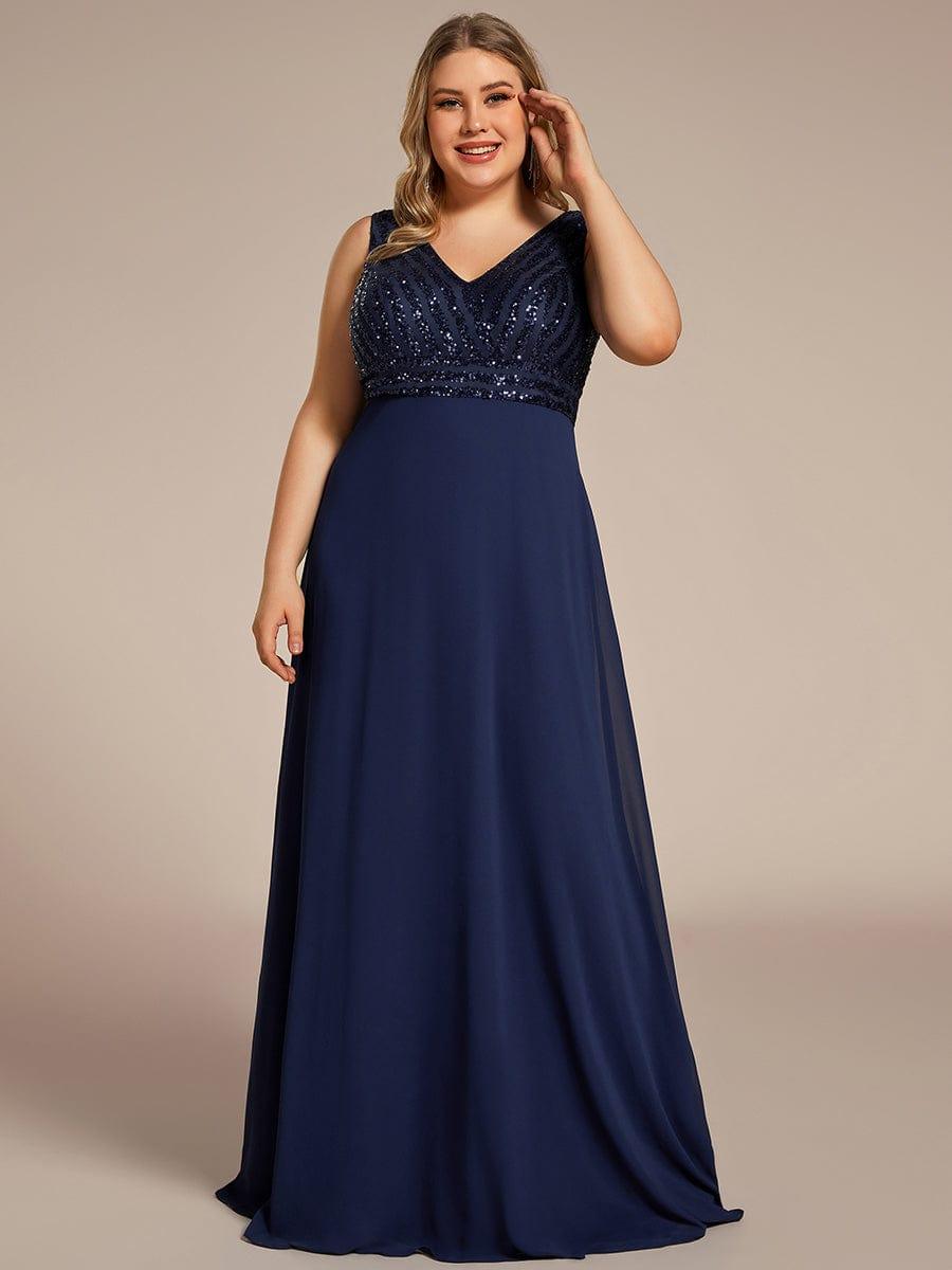 Plus Size Sequin Sleeveless Double V-Neck Formal Evening Dress #color_Burgundy Plus Size Sequin Sleeveless Double V-Neck Formal Evening Dress