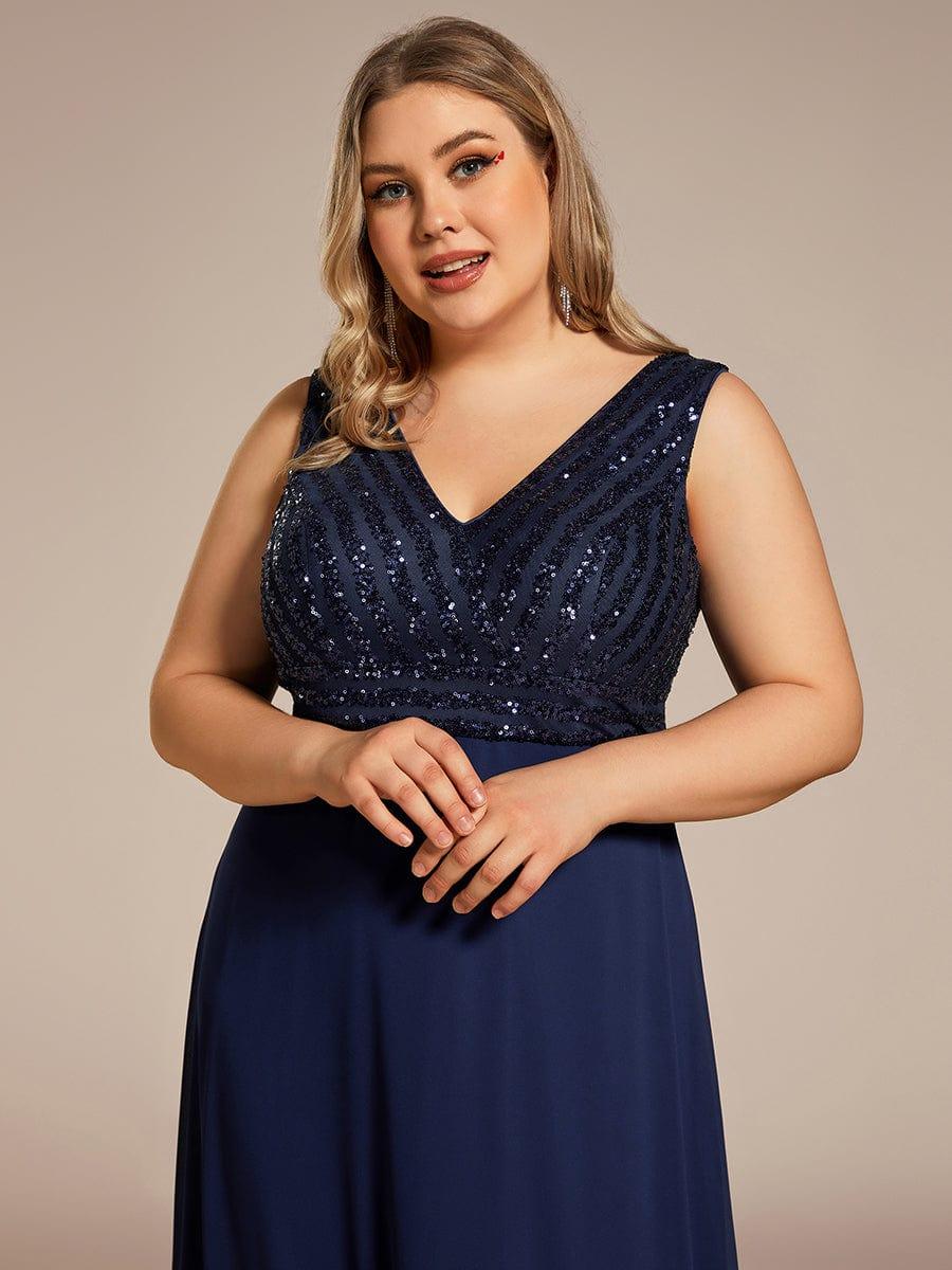 Plus Size Sequin Sleeveless Double V-Neck Formal Evening Dress #color_Burgundy Plus Size Sequin Sleeveless Double V-Neck Formal Evening Dress