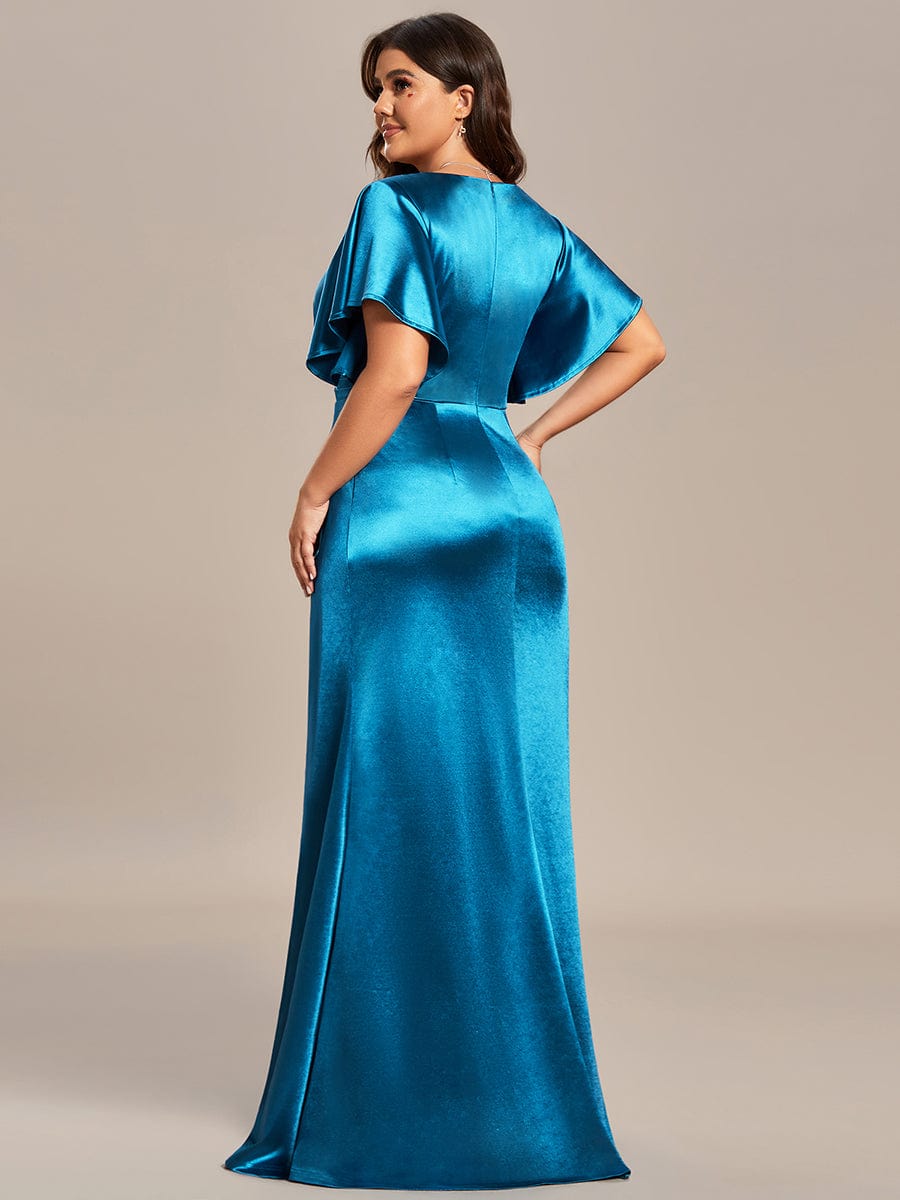 Plus Size Pleated Bodycon Ruffles Sleeve High Stretch Satin Evening Dress #color_Burgundy Plus Size Pleated Bodycon Ruffles Sleeve High Stretch Satin Evening Dress