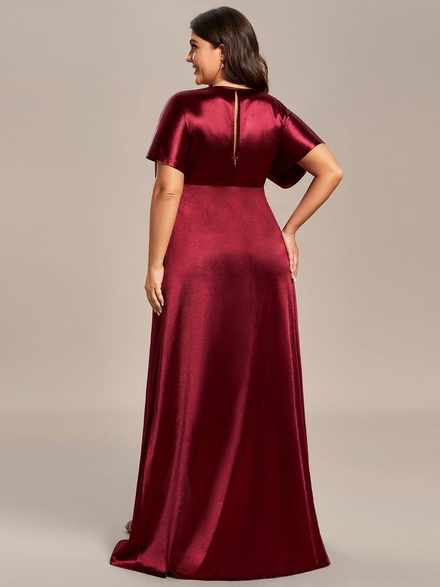Plus Size High Front Slit Bat-Wing Sleeve Satin Evening Dress #color_Navy Blue Plus Size High Front Slit Bat-Wing Sleeve Satin Evening Dress