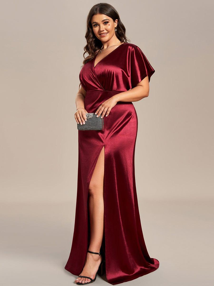 Plus Size High Front Slit Bat-Wing Sleeve Satin Evening Dress #color_Navy Blue Plus Size High Front Slit Bat-Wing Sleeve Satin Evening Dress
