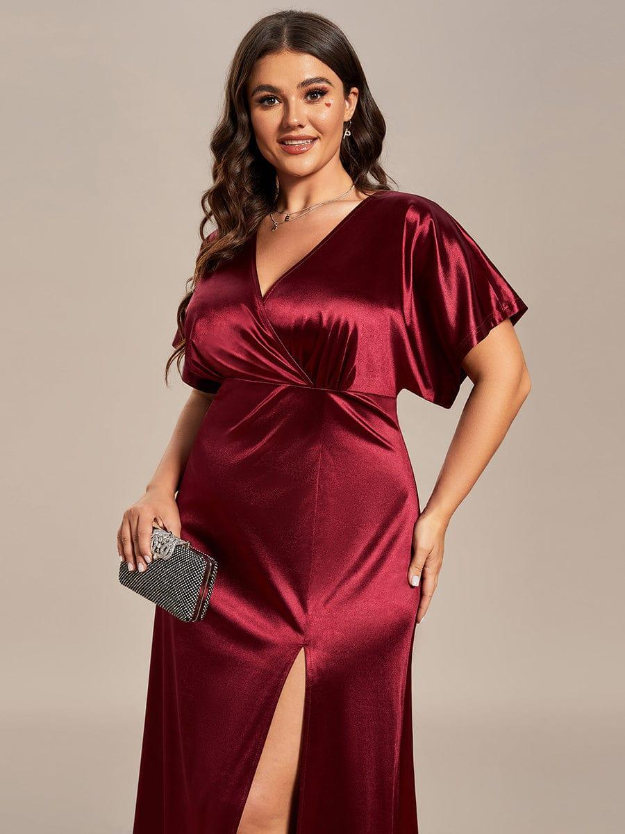 Plus Size High Front Slit Bat-Wing Sleeve Satin Evening Dress #color_Navy Blue Plus Size High Front Slit Bat-Wing Sleeve Satin Evening Dress